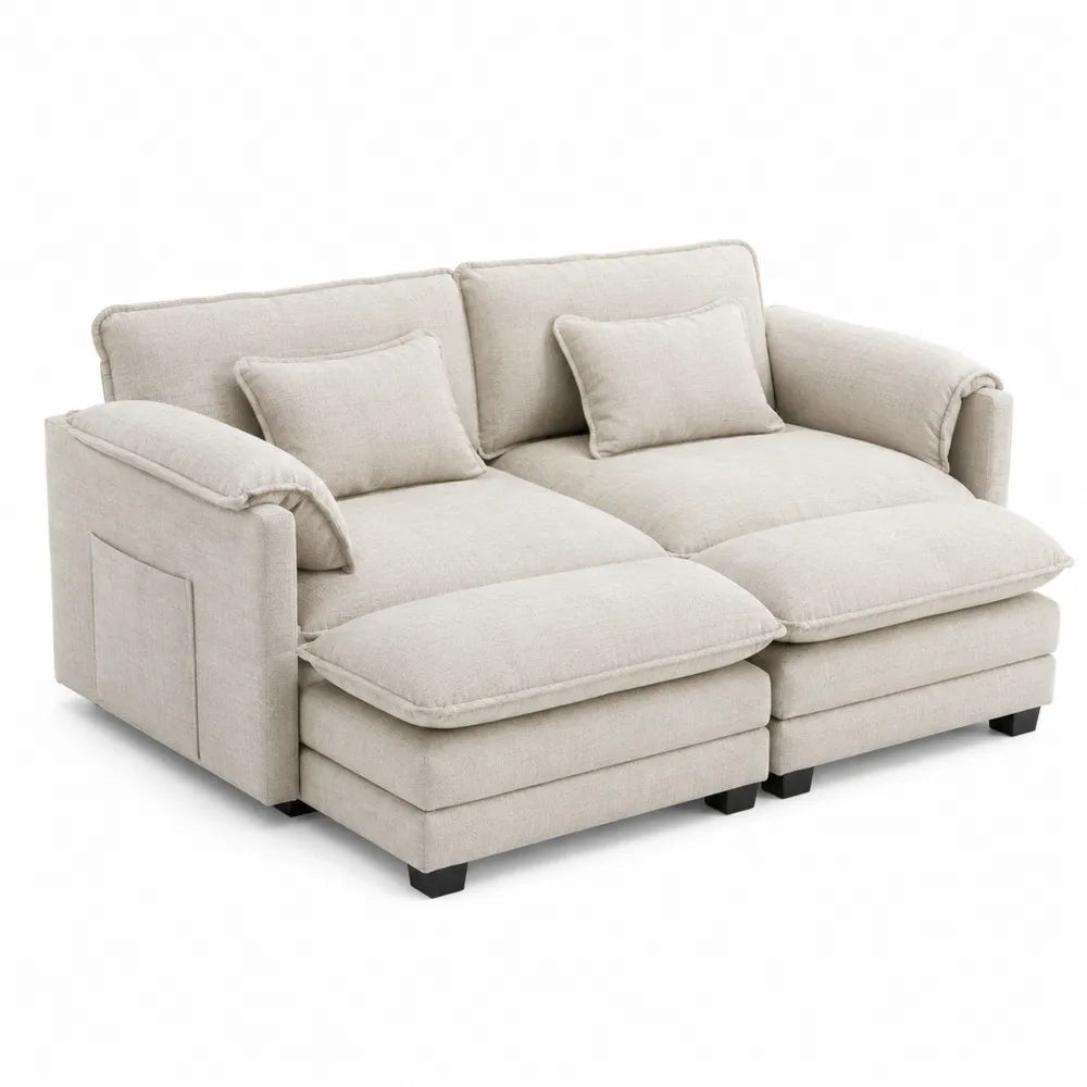 Sofa dwuosobowa z lnu beżowa z poduszkami