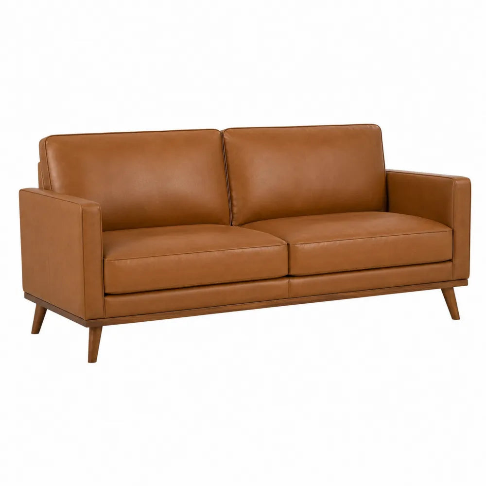 Trzyosobowa sofa skórzana brązowa z drewnianą ramą