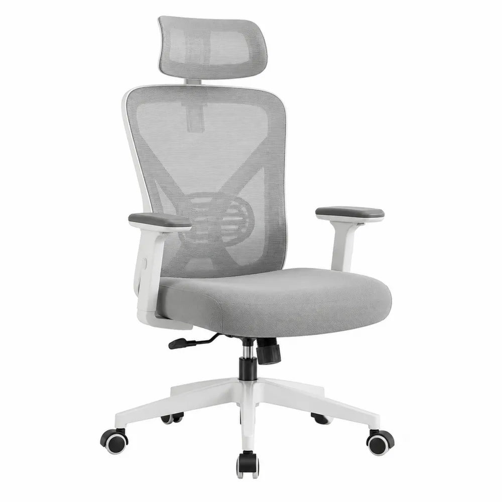 Ergonomiczny fotel biurowy z siatki poliestrowej szary z regulowanym zagłówkiem