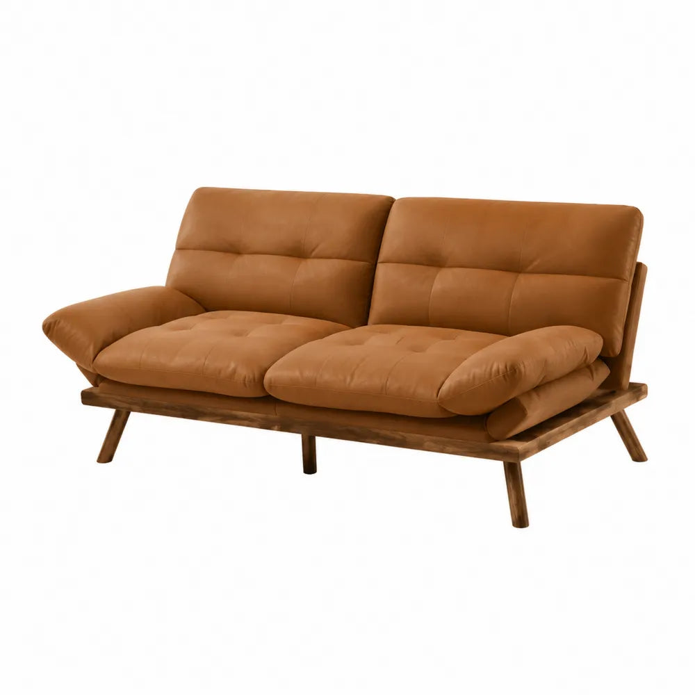 Dwuosobowa sofa z brązowej ekoskóry i drewna akacjowego