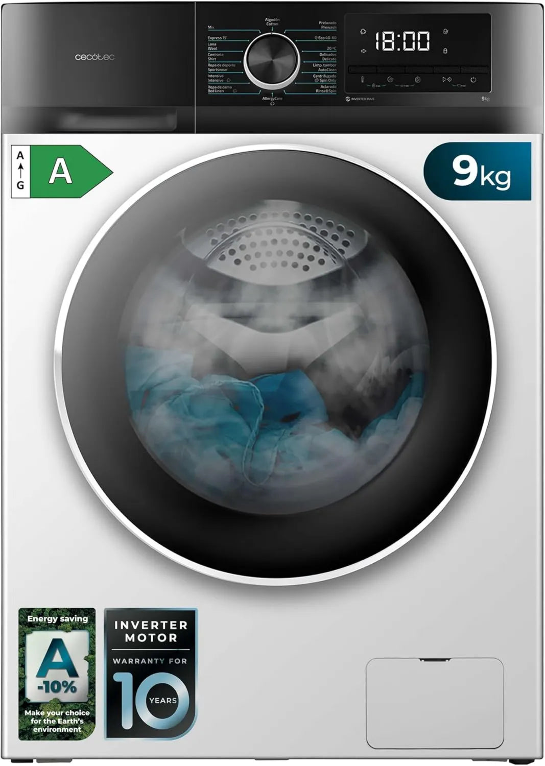 Cecotec pralka, Bolero DressCode 7150, 12 programów, 7 kg, klasa energetyczna A, blokada, Inwerter, para Max, 1400 tr, min, Drum Clean
