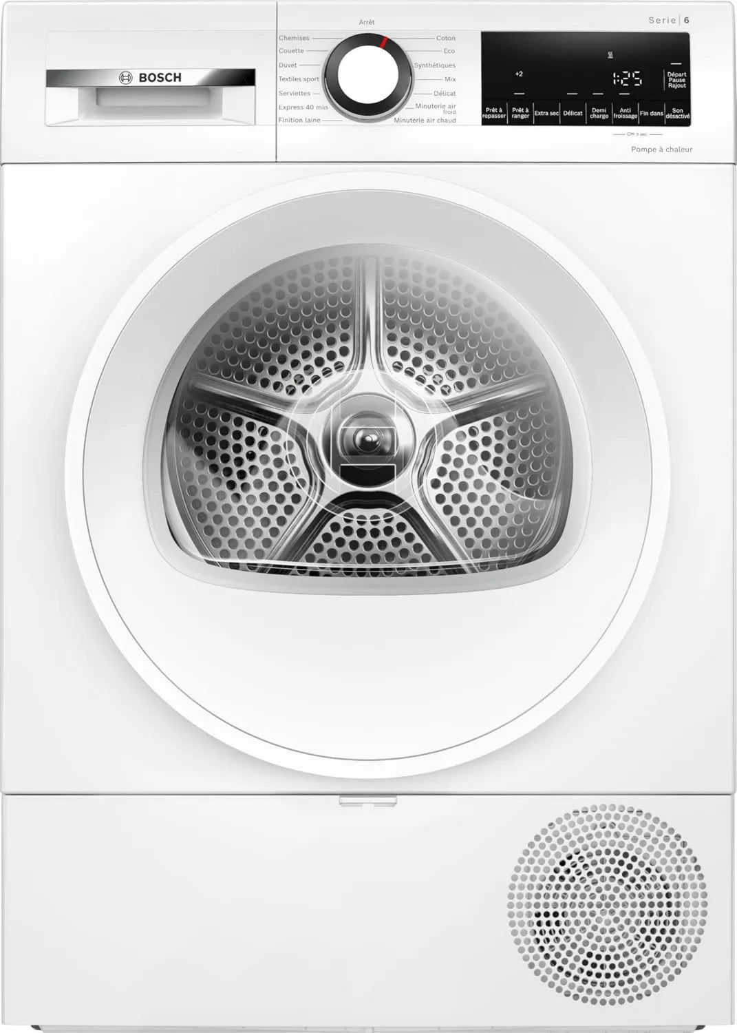 BSH Electroménager suszarka z pompą ciepła, Bosch WQG1420DFR Suszarka, 9 kg, biały, szybko suszący 40 minut, Seria 6, AutoSuchy, Pompa ciepła, Przeciwigacyjne, Półzaładunek opcja