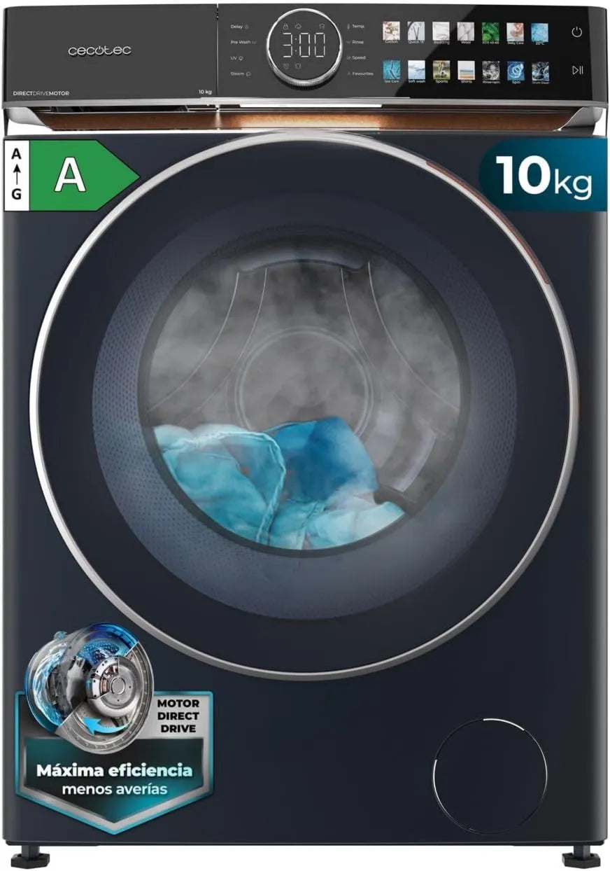 Cecotec pralka, 10 kg, 1400RPM, Motor Direct Drive, Niskie zużycie prądu, wykończenie imitacja skóry, światło UV i para
