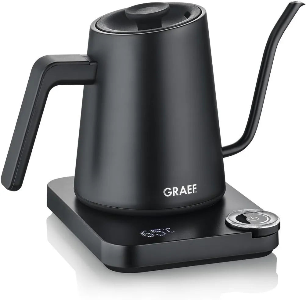 GK502 czajnik, 900 ml, timer, GRAEF Pour-Over czajnik elektryczny, regulacja temperatury i timer, dzióbek typu łabędzia szyja, czarny matowy
