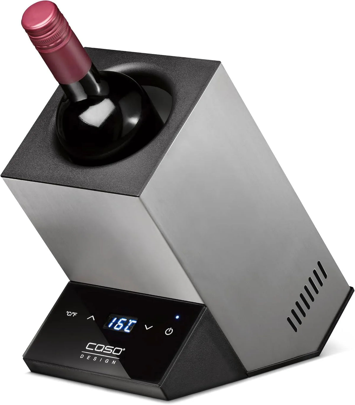 Chłodziarka do wina, 295 cm, CASO WineCase One Inox, designerska chłodziarka do wina na jedną butelkę, zakres temperatur od 5 do 18°C