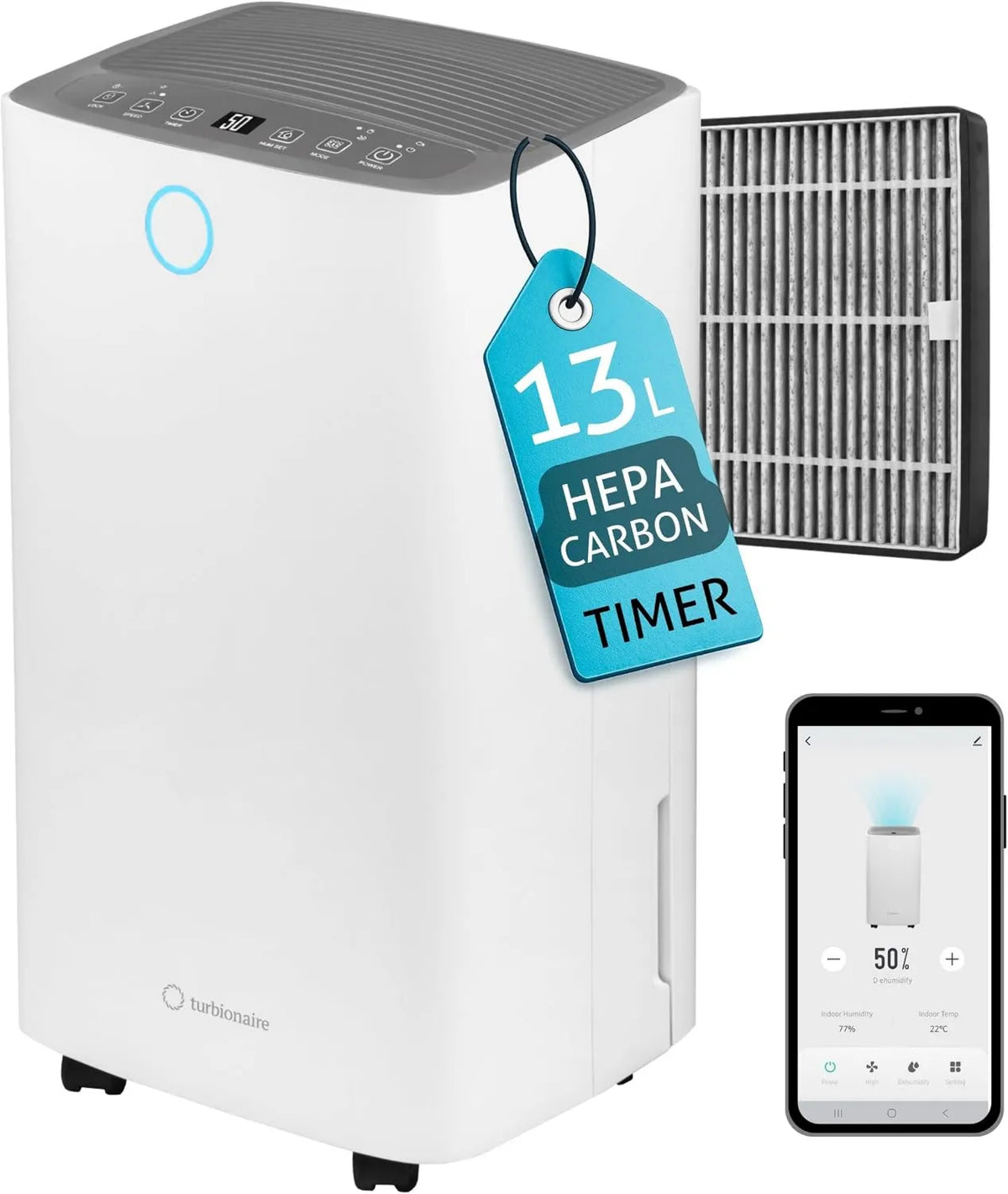 Turbionaire osuszacz powietrza, 2-in-1 osuszacz, WiFi, tłumik, Senso 13 WiFi turbina, 13 l / dzień, do 30 m², HEPA + aktywny węgiel węglikowy 2-en-1