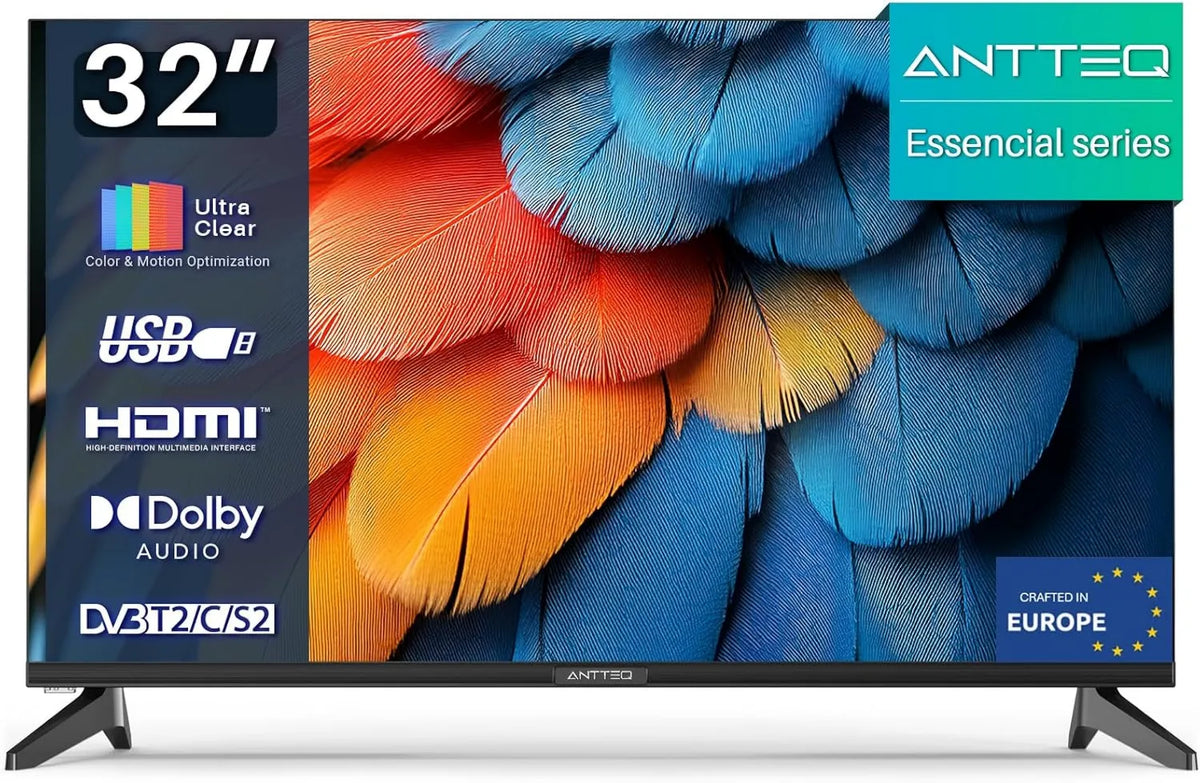 Antteq telewizor, Smart TV, 32 cale, TV, E32- AH1Q1 L, potrójny tuner DVB- T2, S2, dźwięk Dolby, HDMI, USB, Dolby Audio, bez Bezel, Seria Esential E32-AH1Q1 L DVB-T2