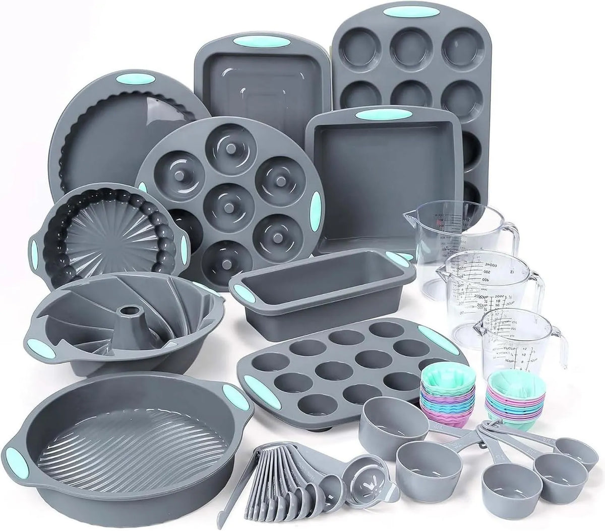 Tongjude, z miarkami i łyżeczkami zestaw, 54 kawałki Silikon Piec Pans Set, Loaf Pan i Babeczka Pans, 10 Formy ciasto silikonowe, Piec nie- Stick