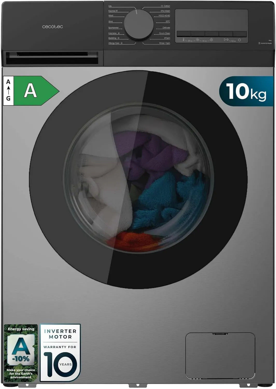 Cecotec pralka, Bolero DressCode 10450, 16 programów, 10 kg, klasa energetyczna A, Inwerter, tłumik, 1400 tr, min, Funkcja ciszy, Stal