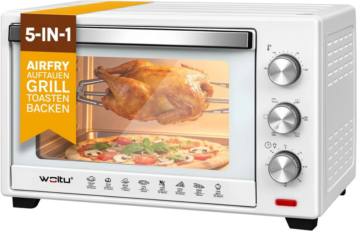 WOLTU mini piekarnik, Piec elektryczny, 32 l, 1600 W, 100 do 230°C, licznik, kompaktowy, 2 strefy temperaturowe, biały, 60 min, 4 elementy grzewcze, Mini