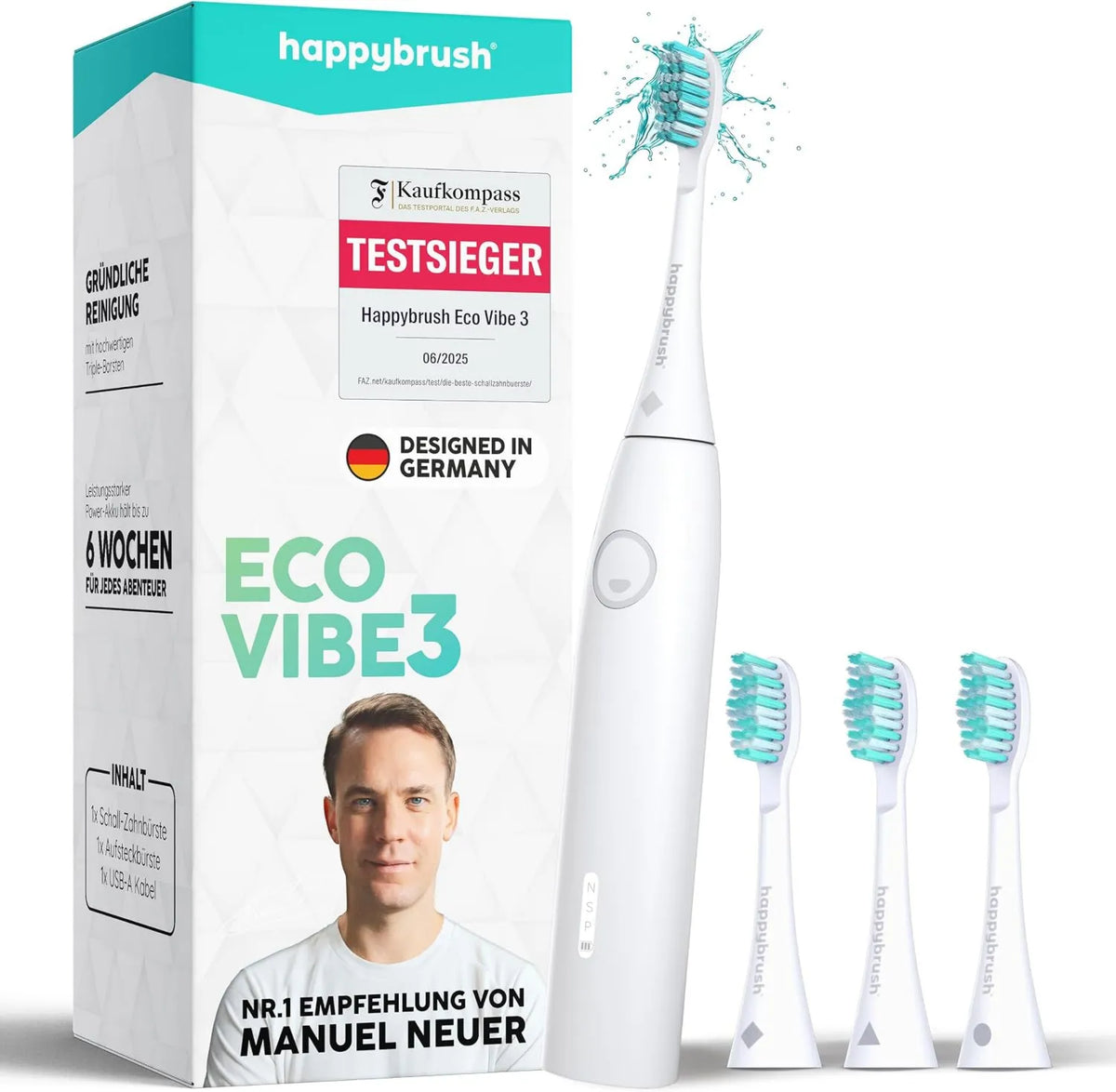 happybrush, 3 akumulator VIBE, szczotka do włosów ® elektryczna szczoteczka do zębów Eco, biały