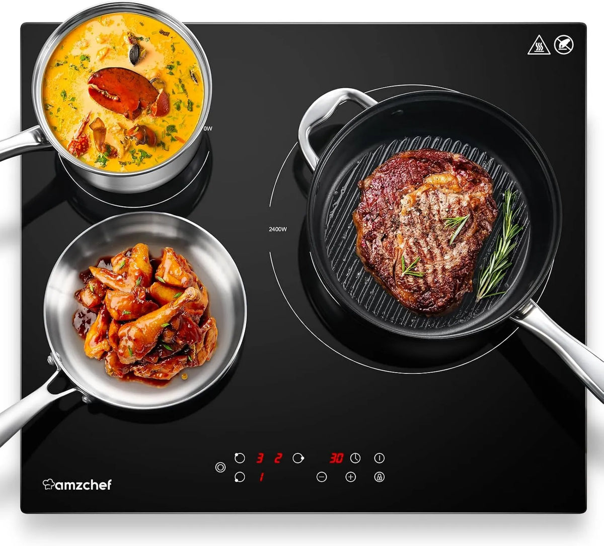 Płyta ceramiczna, 2400 W, 5400 W, 60 cm, timer, praca automatyczna, AMZCHEF płyta grzewcza ze szkła ceramicznego, maks. 2400 W, zamek bezpieczeństwa