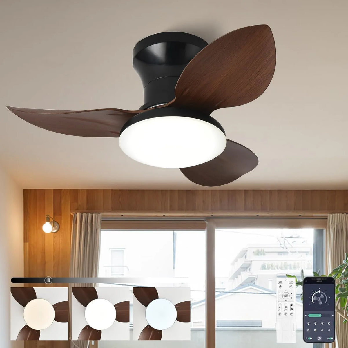Caunmar, Wentylator, 65 cm, dekoracja salonu, tłumik, czarny, Wentylo LED sufit do salonu, DC Motor 6 prędkości