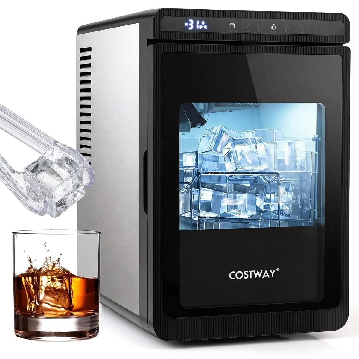 COSTWAY kostkarka do lodu, Silencer 12, kg / 24h, zegar, tłumik, odlewane żelazo, Kwadratowe kostki lodu 4 cm w Fonte Slot kg/24h