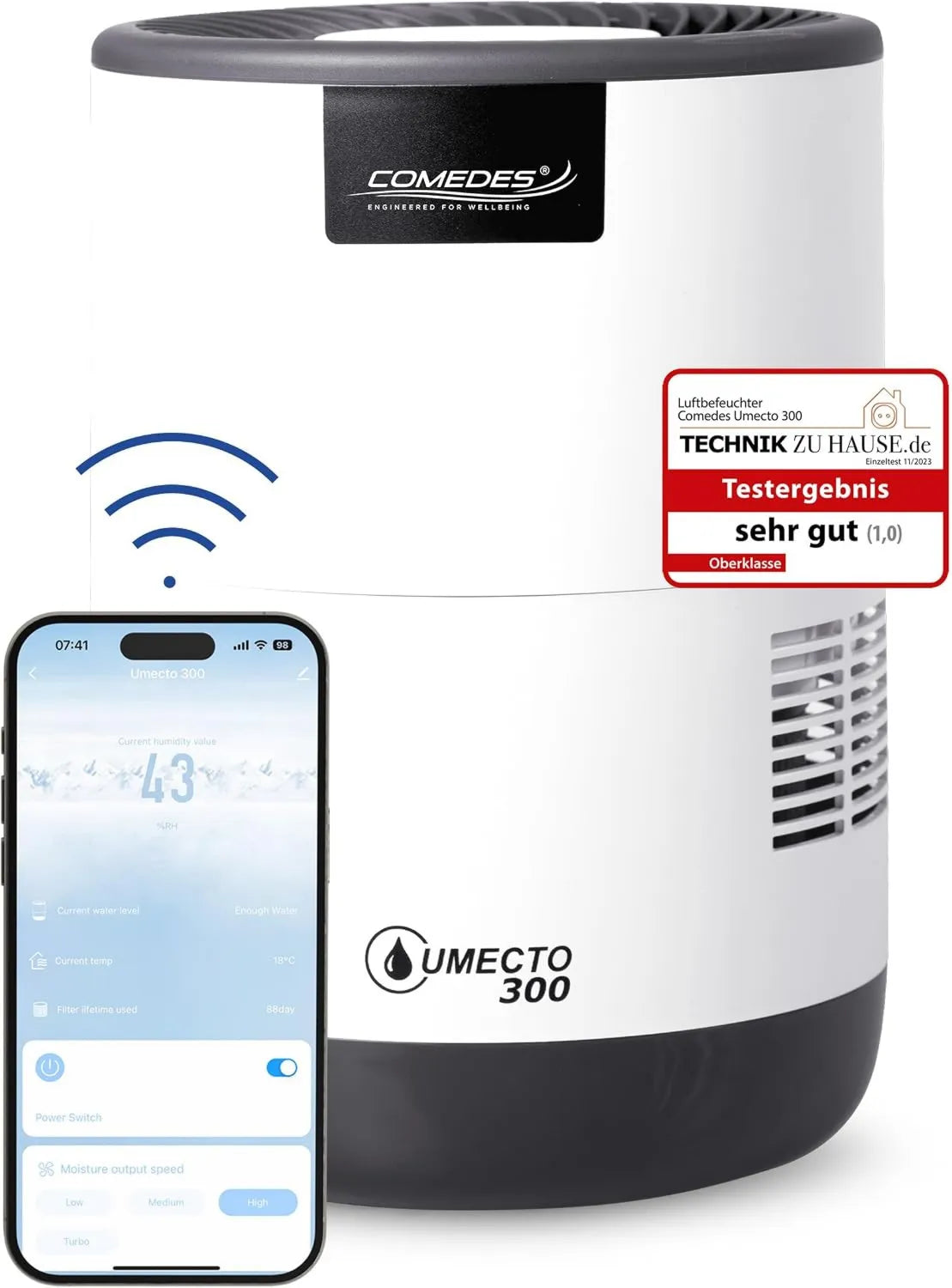 Nawilżacz powietrza, 45 m², 2,8 l, 300 ml, praca automatyczna, funkcja pary, Comedes Umecto 300, do pomieszczeń o powierzchni do 45 m²