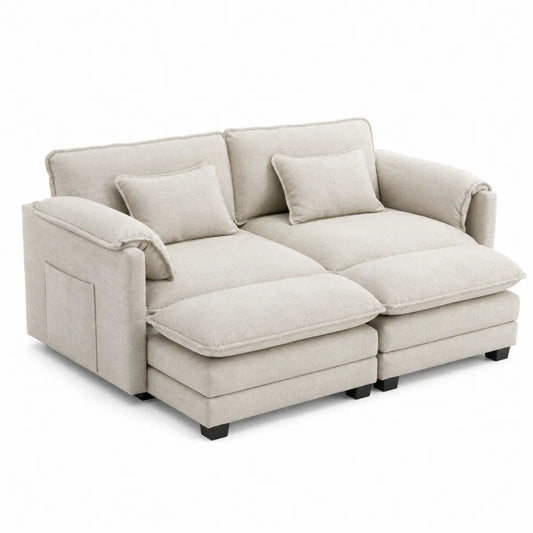 Sofa dwuosobowa z lnu beżowa z poduszkami