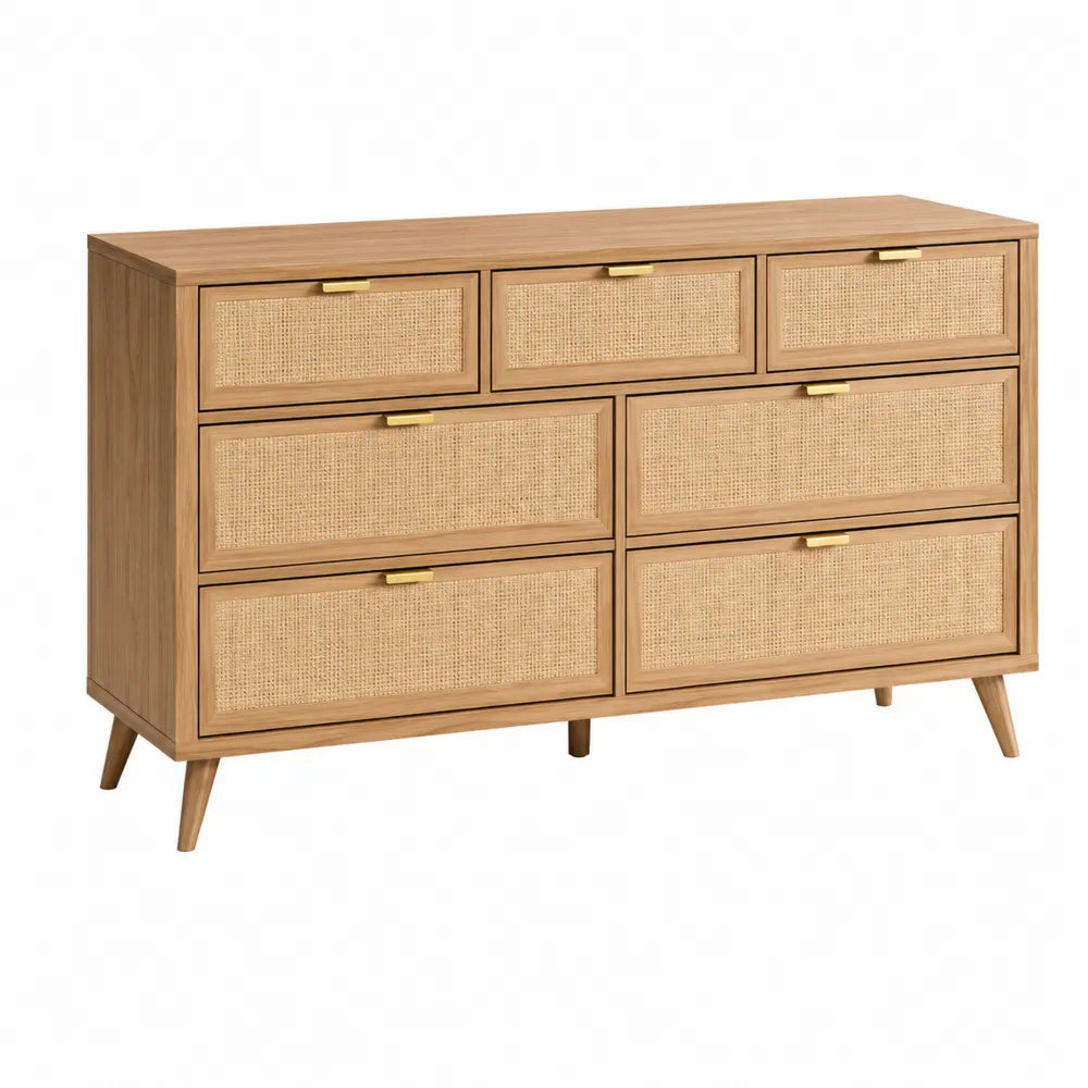 Komoda Drewniana z Rattanowymi Frontami 7 Szuflad 120x40x75 cm