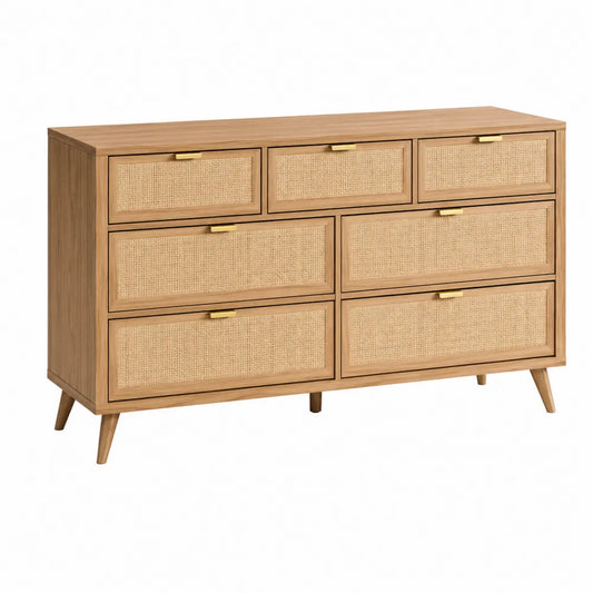 Komoda Drewniana z Rattanowymi Frontami 7 Szuflad 120x40x75 cm