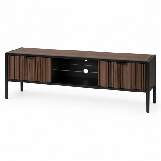 Stolik RTV metalowy z drewnianym frontem i szkłem hartowanym 120x40x50 cm