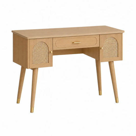 Drewniana toaletka z elementami rattanowymi z szufladami 100x40x75 cm