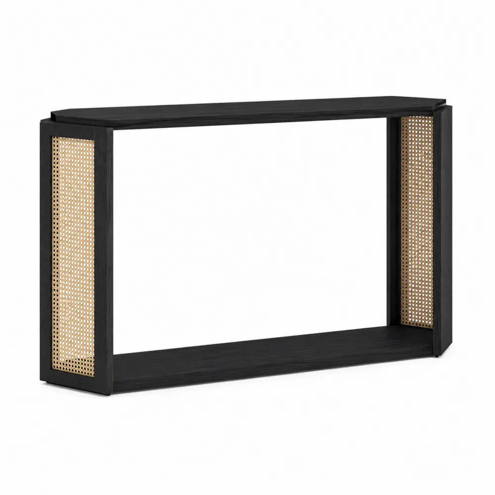 Konsola drewniana z rattanem czarna 120x30x80 cm