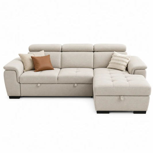 Sofa narożna rozkładana beżowa z poliestru z pojemnikiem 250x160x90 cm