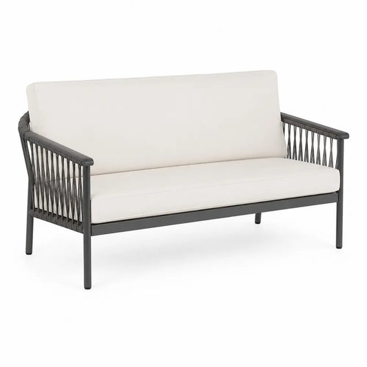 Sofa ogrodowa stalowa z kremowymi poduszkami