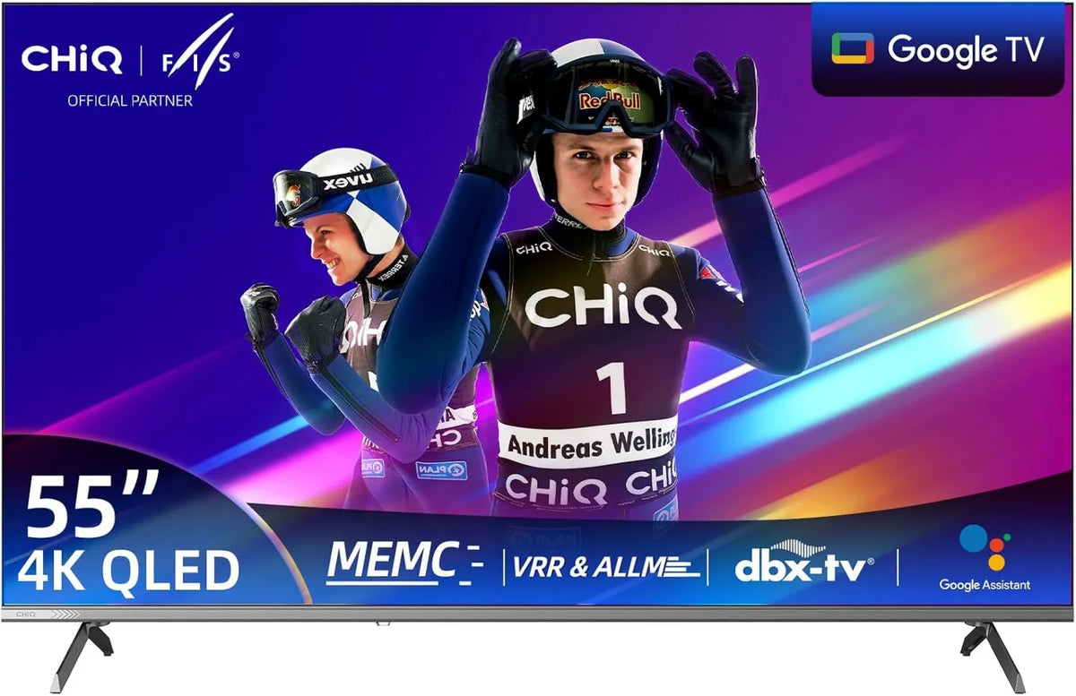 CHiQ, Google U55QST 2.4 G, 5 G Smart TV, 55 cali, TV, 4K UHD, QLED, Dolby Sound, Wi-Fi, Dolby Audio, ALLM & VRR, MEMC, Ultra Mince Metal Design