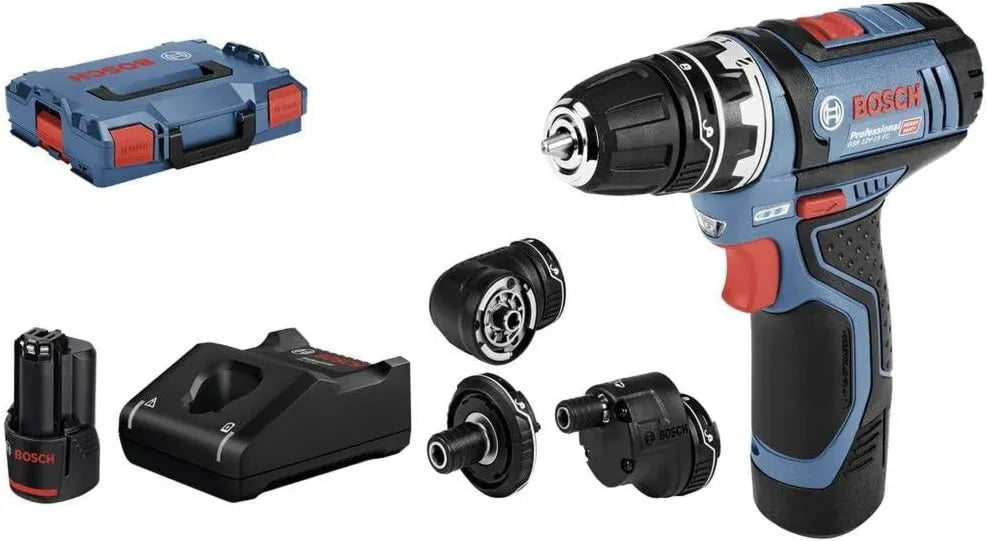 Bosch wiertarka, 2.0Ah, zasilanie akumulatorowe, Professional system 12V: akumulatorowa wiertarko-wkrętarka GSR 12V-15 FC, 4 wymienne uchwyty