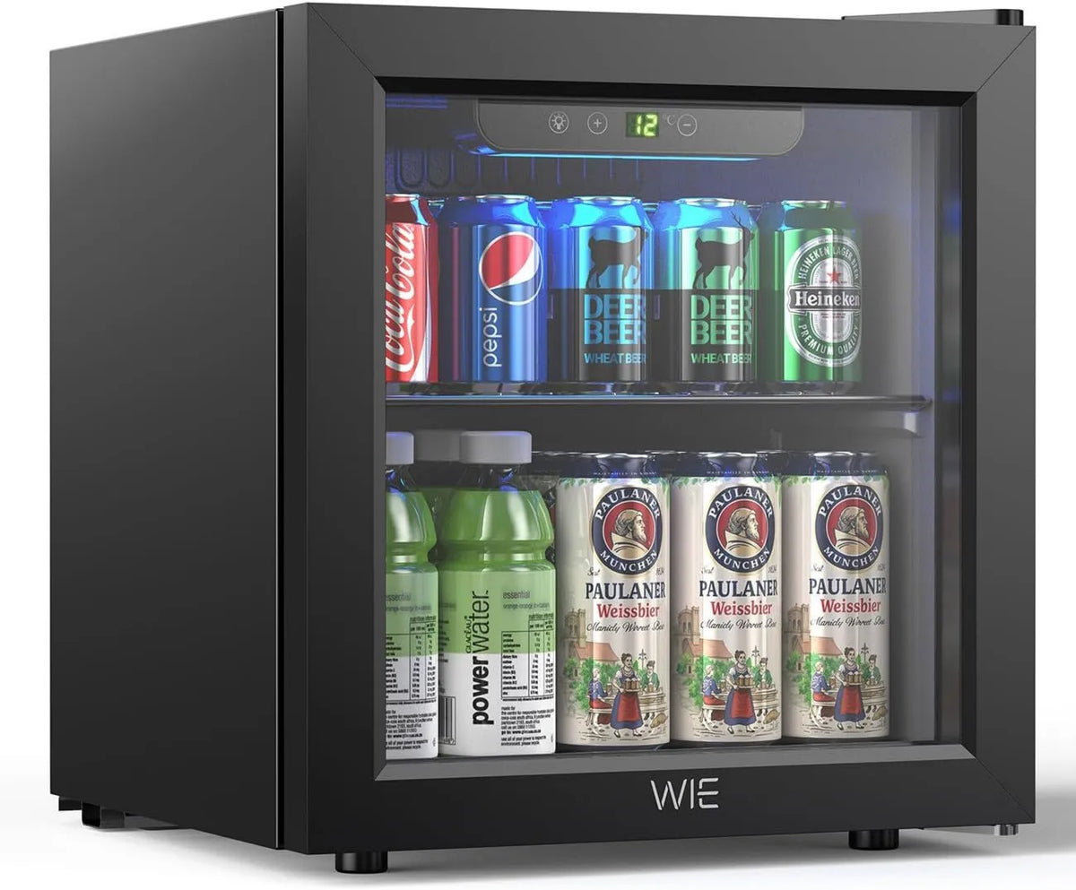 WIE minilodówka, Lodówka, 36 l, 12 butelek, 4 do 16°C, 43 dB, dotyk, szkło, ża 36 l Mini lodówka 55 Puszki 4- 16°C Drzwi Panel dotykowy