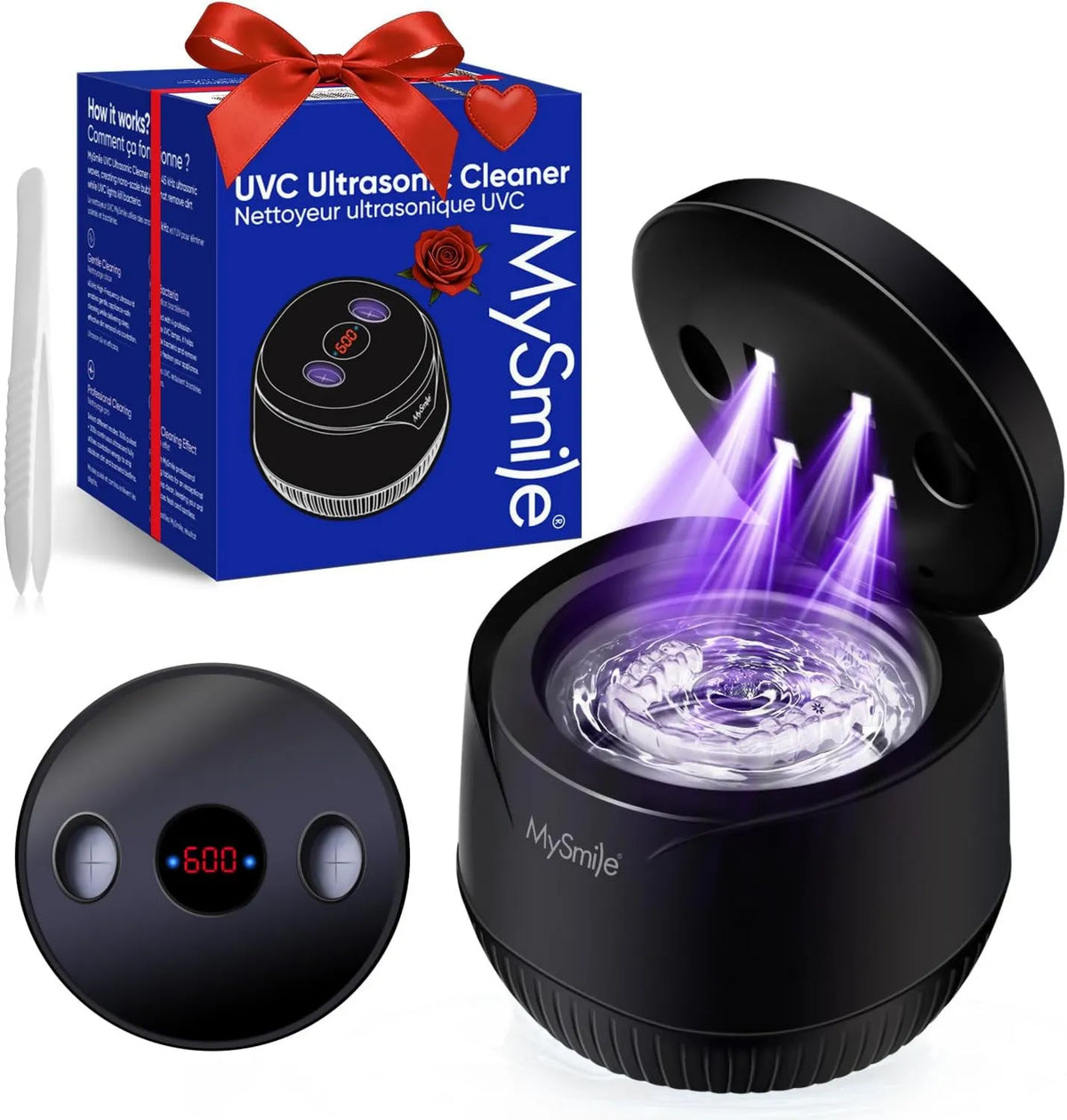 MySmile, MS100 UV- C lampy germicydowe, Czyściciel, przenośny, ultradźwiękowy zbiornik czyszczący, 200 ml, zegar, 2 tryby, do protez dentystycznych