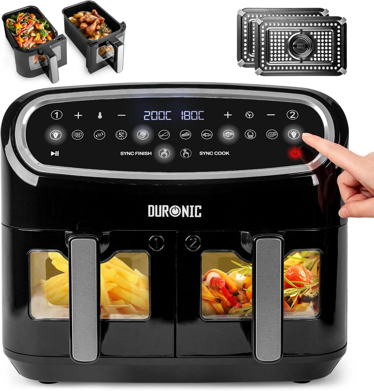 AF24 frytkownica, 2400 W, 10 programów, sterowanie dotykowe, Duronic Frytkownica powietrzna 2400 W, pojemność 10 l dla całej rodziny