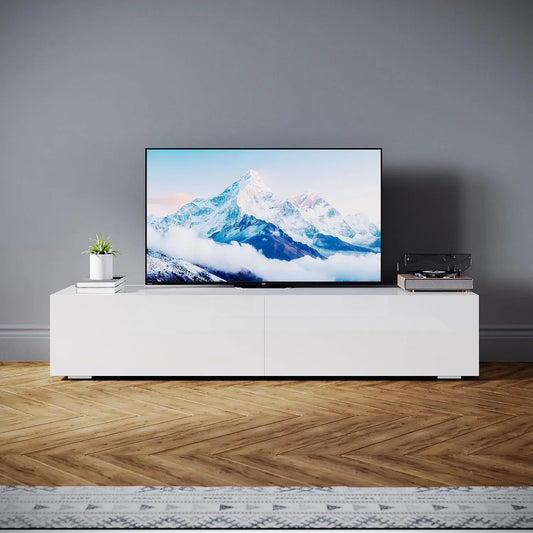 SONNI, Szafka TV, 65 cali, 160 x 40 x 30 cm, dekoracja pokoju dziennego, biały, 2 składane drzwi, półka TV do salonu, wiszące, stojące, design bez uchwytu