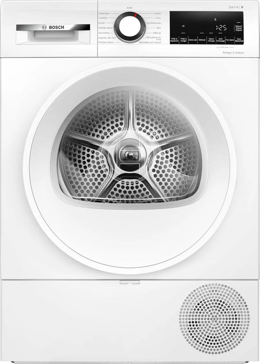 BSH Electroménager suszarka z pompą ciepła, Bosch WQG1420DFR Suszarka, 9 kg, biały, szybko suszący 40 minut, Seria 6, AutoSuchy, Pompa ciepła, Przeciwigacyjne, Półzaładunek opcja