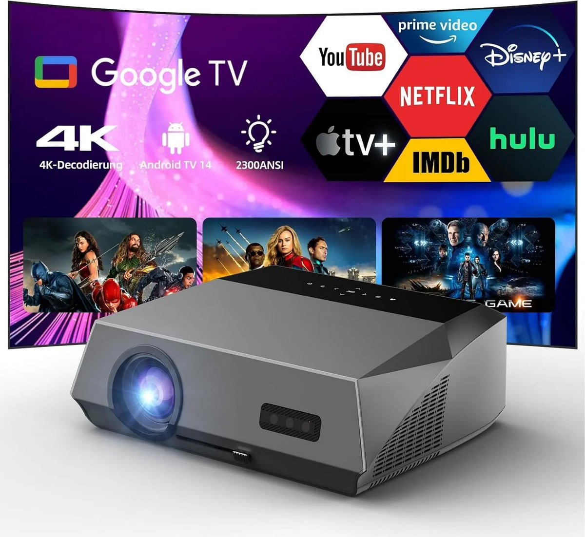 CWEUG projektor, Google 2300ANSI Smart TV, TV, 4K UHD, HDR, Sound Dolby, HDMI, WiFi, Bluetooth, Android OS, HDR10, HDMI ARC 2, MEMC, Inteligentny