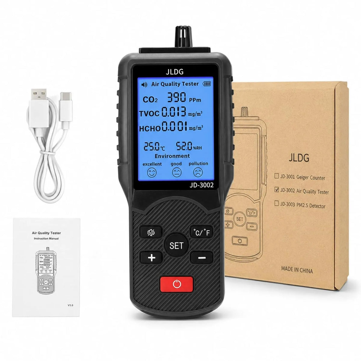 INFURIDER, Monitor, detektor jakości powietrza 5 in 1, 2000 ppm, 2000 mg / m3, 1000 mg / m3, Tester jakości powietrza dla TVOC, CO2, HCHO