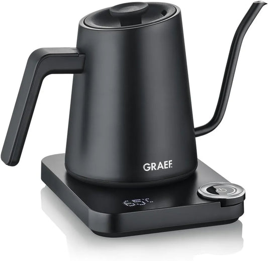 GK502 czajnik, 900 ml, timer, GRAEF Pour-Over czajnik elektryczny, regulacja temperatury i timer, dzióbek typu łabędzia szyja, czarny matowy