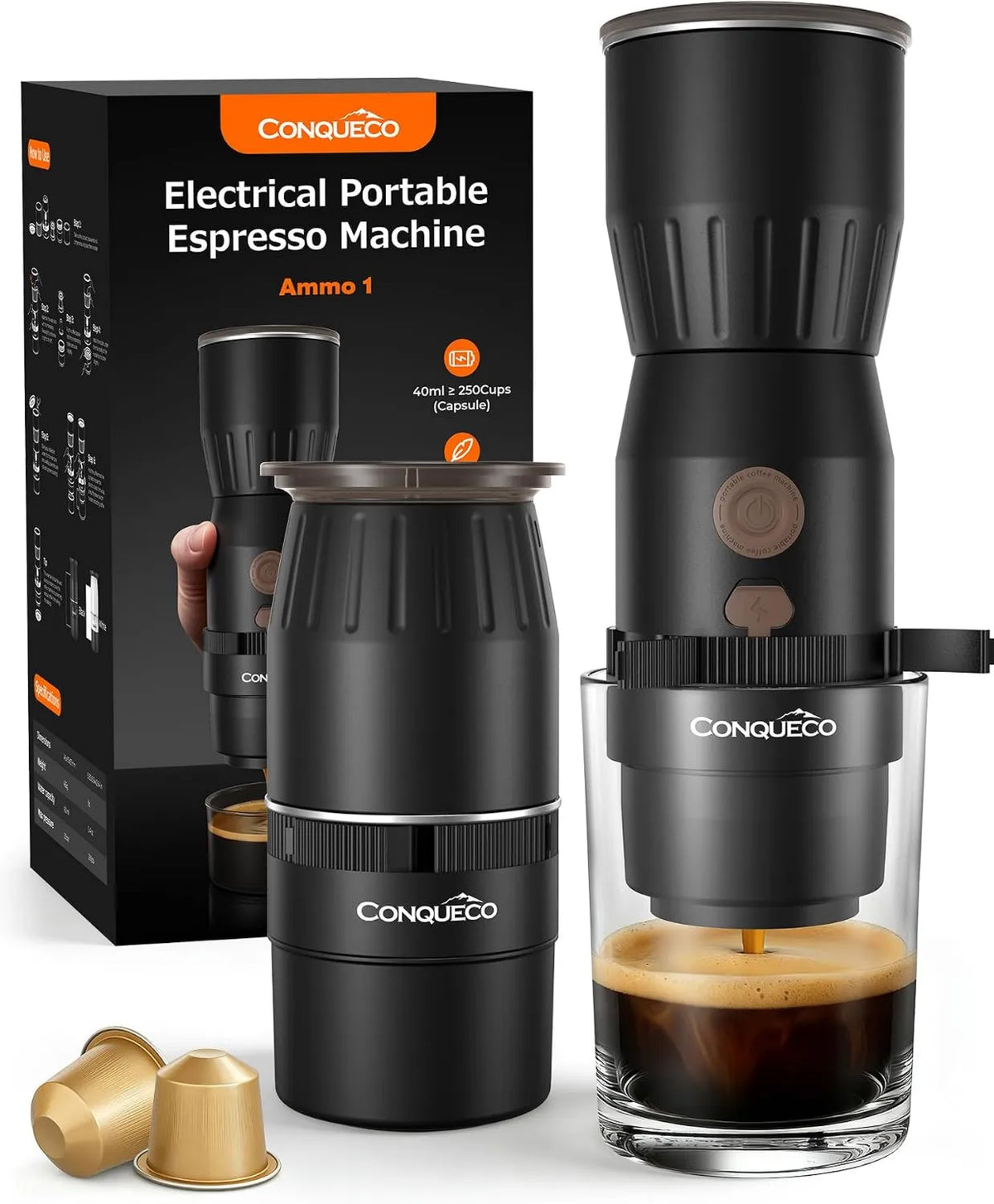 CONQUECO, Kawiarnia, Bateria, Pompa, Przenośna, Elektryczna ekspres do kawy, 160 ml, USB, Kemping, Funkcja grzewcza, Czarny, Na podstawie Kempingi Biuro Podróży