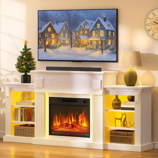 YITAHOME kominek elektryczny, Szafka TV, 72 cali, 2000 W, licznik, termostat, efekt 3D, biały, Dekoracyjny kominek z 2000 W Ogrzewanie, LED