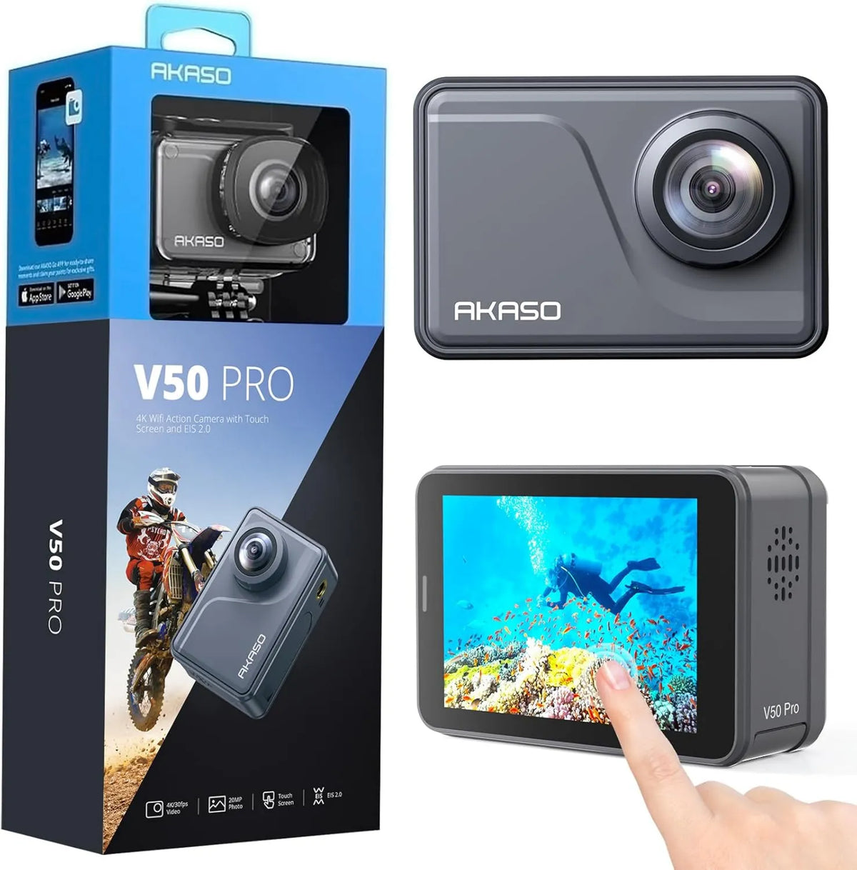 V50 telewizor Smart TV, 1100 mAh, sterowanie dotykowe, sterowanie WiFi, regulacja ustawień, zdalne sterowanie, AKASO Kamera sportowa Pro 4K