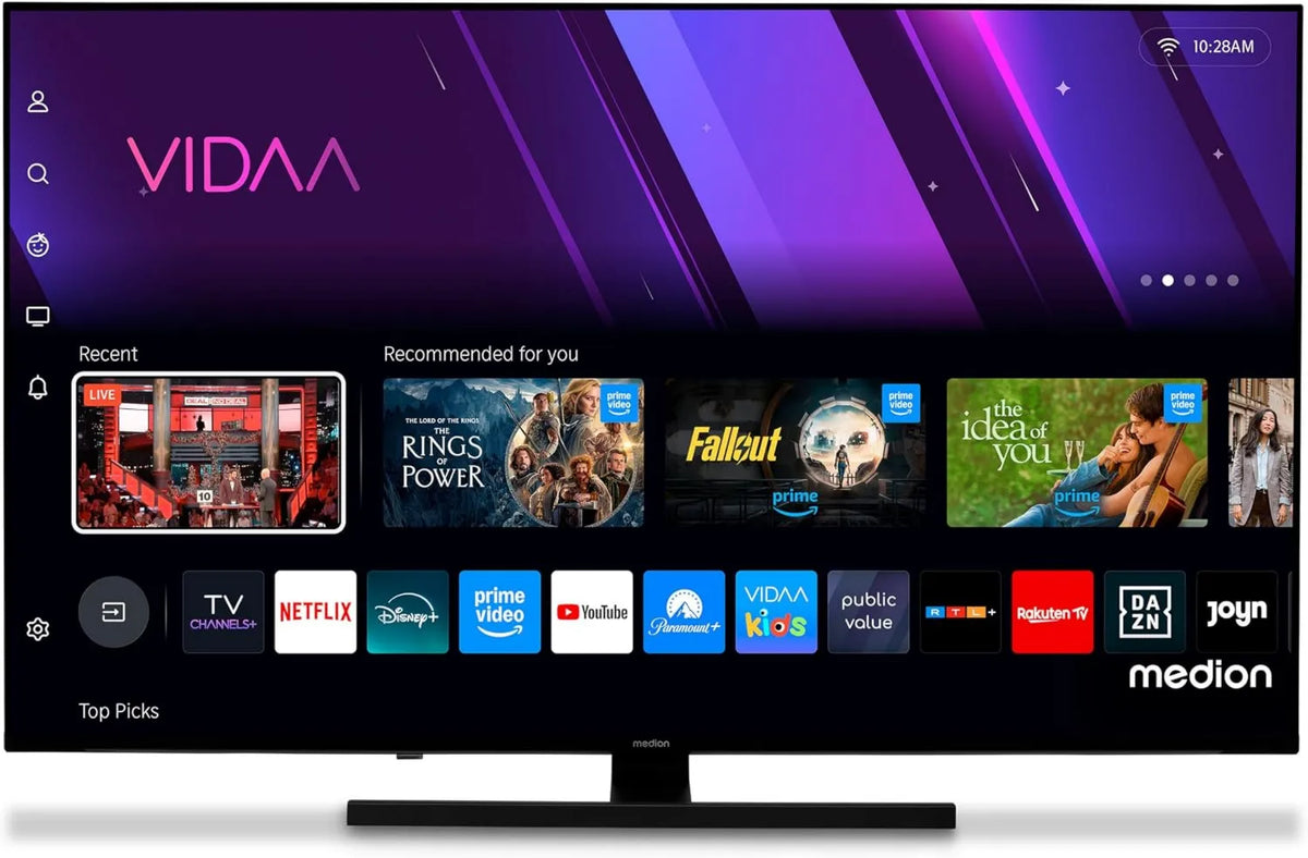 MEDION telewizor, Inteligentny, 55 cali, TV, 4K UHD, QLED, HDR, dźwięk Dolby, Bluetooth, nagrywania PVR, MD 855600, Dolby Atmos, 138, Sklep VIDAA, DAZN, DTS X