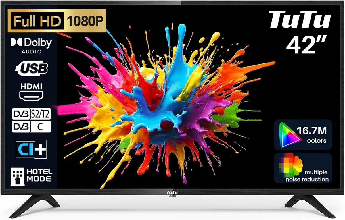 TuTu, Smart TV TUB42FD1N, 42 cali, TV, potrójny tuner DVB- T2, S2, dźwięk Dolby, HDMI, USB, Full HD, Dolby Audio, 107 cm, CI +, Tryb hotelowy DVB-T2