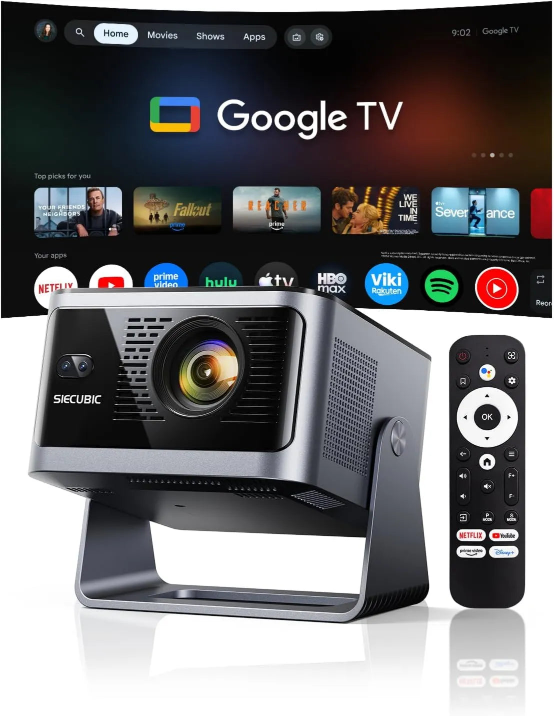 SIECUBIC projektor, Google 1080P HY350GT Smart TV, TV, WiFi, do użytku na zewnątrz, Bluetooth, Głośnik 15 W, 650 ANSI, wideo 1080P Native, Mini
