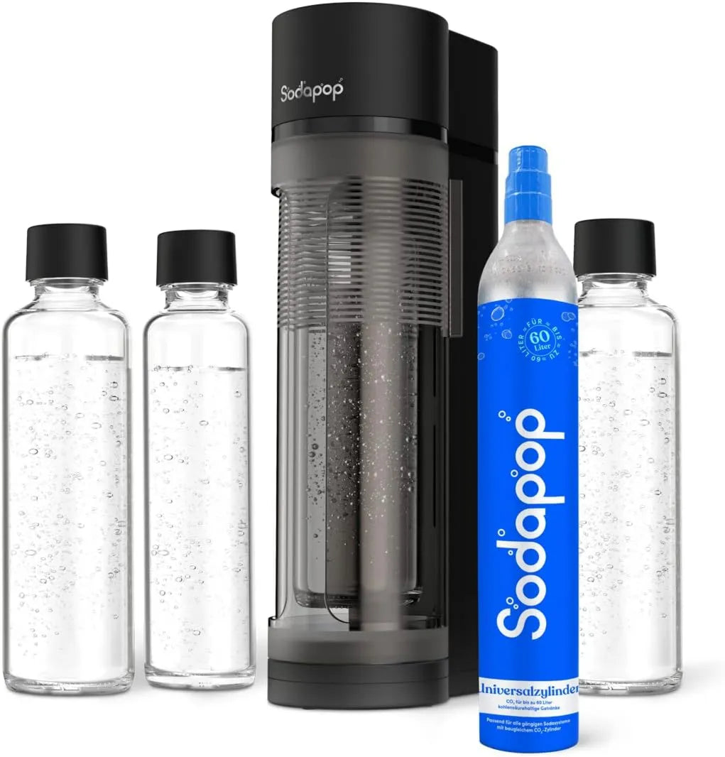 CO2 saturator do wody, 42,6 cm, 850 ml, 600 ml, Sodapop Saturator Logan zestaw startowy z cylindrem i 3 x szklana butelka, matowa czerń