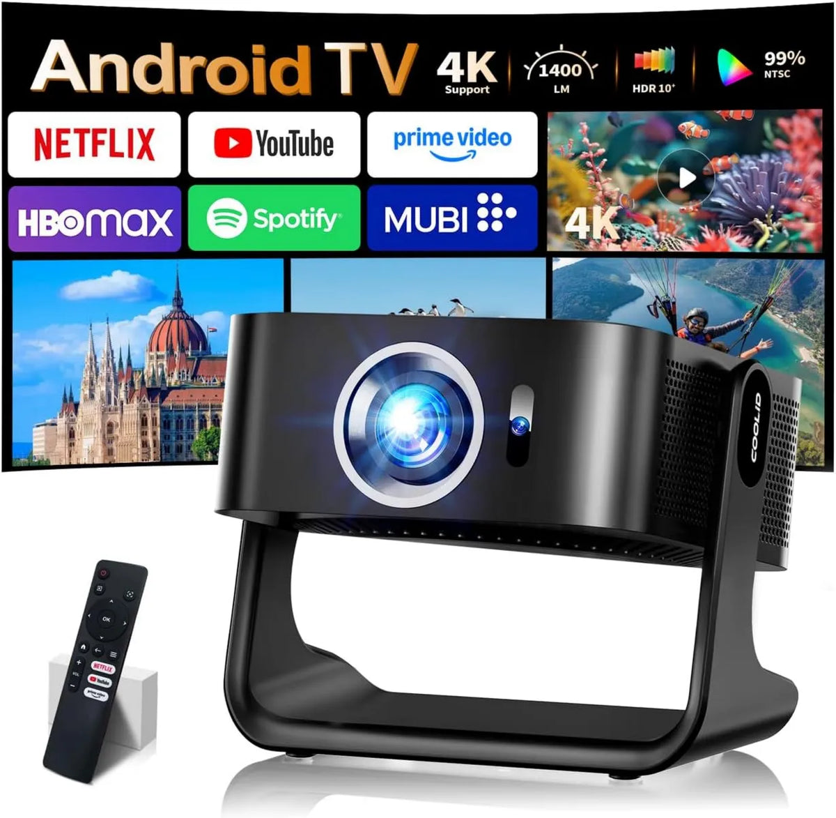 coolid projektor, Smart TV 1080P Stick, Laptop, PS5 / HDMI, TV, 4K UHD, Wi-Fi, czarny PS5/HDMI