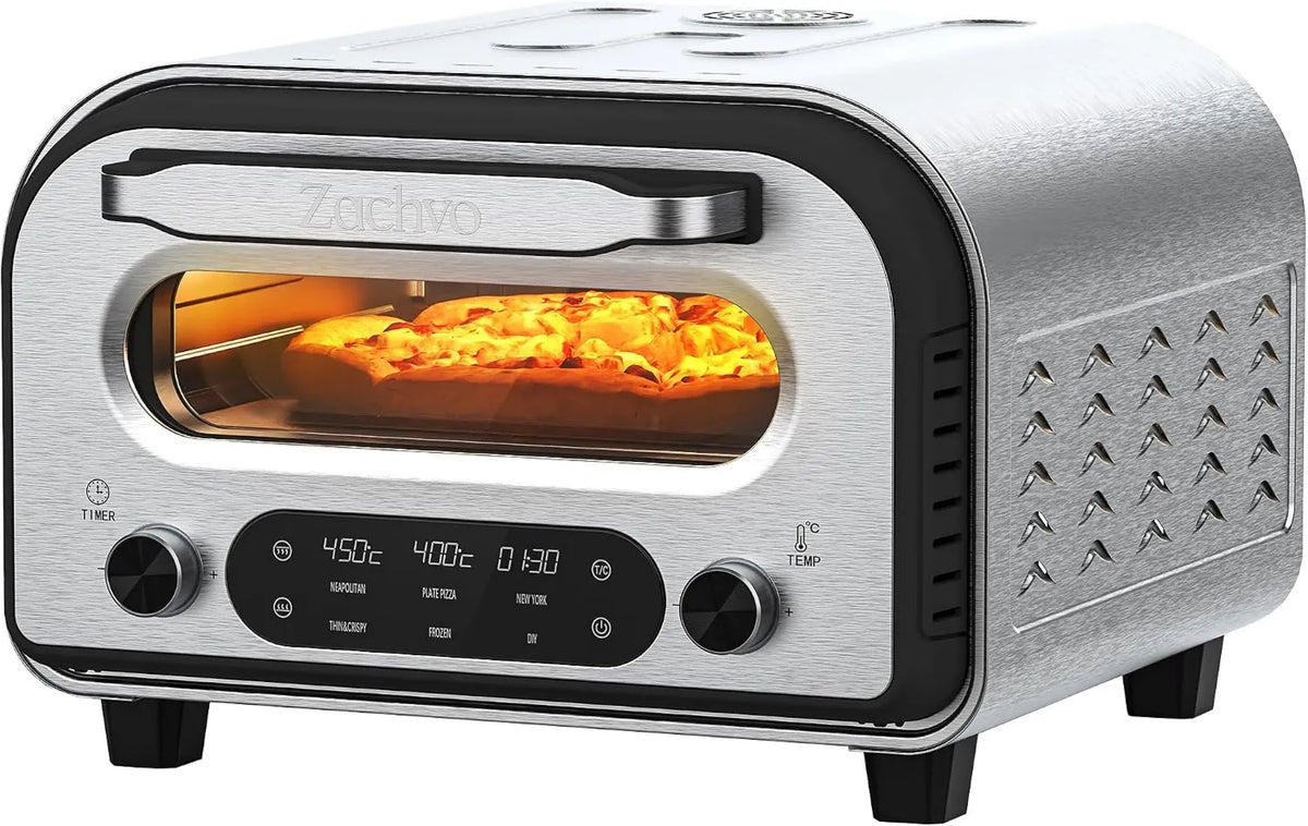 ZACHVO piec do pizzy, Elektryczny, 32 cm, dotyk, zegar, 5 wcześniej zaprogramowanych pizz, do 450°C, zegar od 1 do 60 minut, łopata do pizzy, z kamieniem
