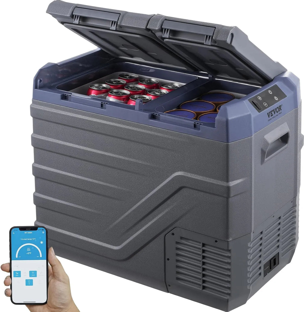 Lodówka z zamrażarką, 240 V, regulacja ustawień, VEVOR Lodówka samochodowa, przenośna zamrażarka podwójna strefa 40 l, regulowany zakres od -20~20 °C