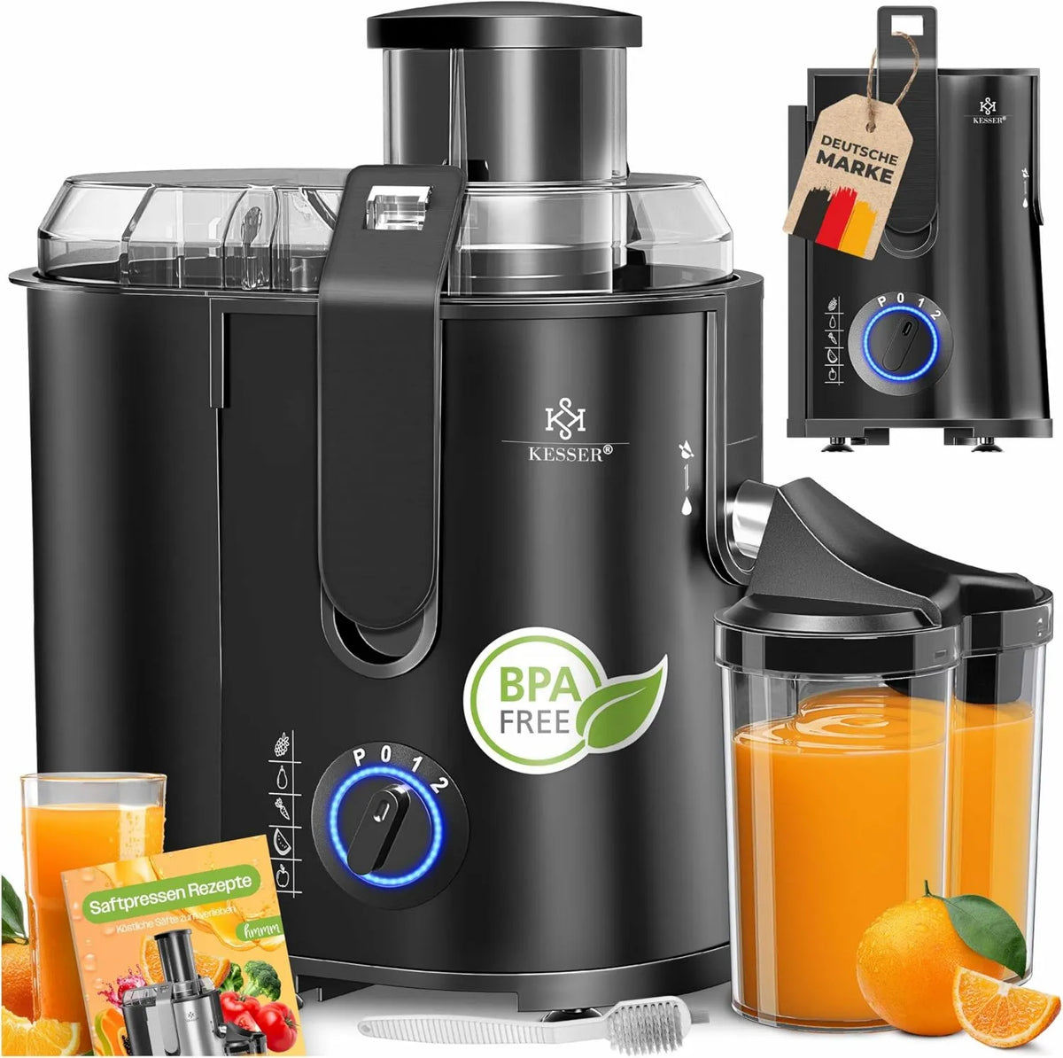 KESSER sokowirówka, Wyciąg z soku, 1 l, 1100 W, stal nierdzewna, owoce i warzywa 1100 W, otwór 85 mm, pojemność 1 l