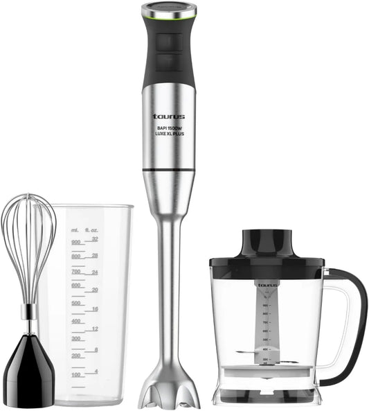 TAURUS blender ręczny, Zmywarka do naczyń XXL 1500 W, 1500 W, stal nierdzewna, 20 prędkości + TURBO, Ostrza nierdzewne, 3 Akcesoria, BPA bezpłatny