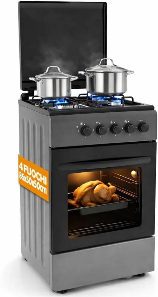 BAKAJI kuchenka z piekarnikiem, Kuchnia płyta grzewcza, 4 pola grzewcze, na zewnątrz, grill, żeliwo, wyjmowany, szary, kuchenka z palnikami i wymienne ruszty z żelaza z meblami i zapłonem